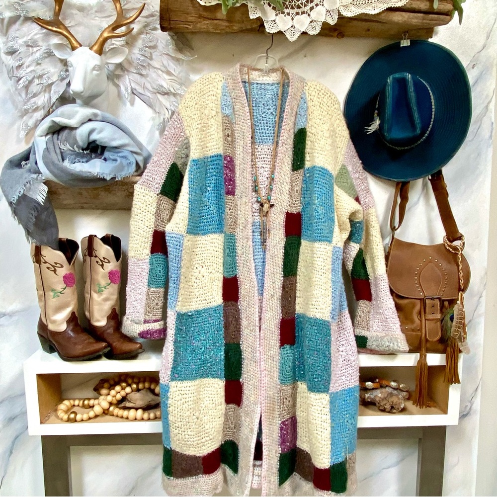 SOLD⭐️Artisan Patchwork Duster boho wool jacket sweater hippy granny vibe - Picture 1 of 16